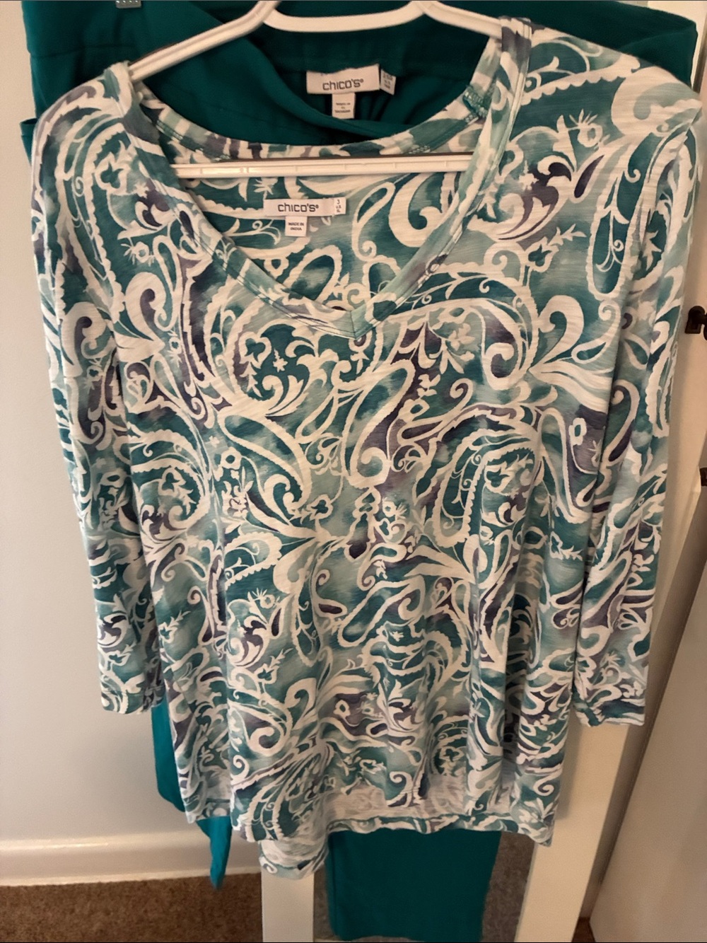 Chico's Teal and White Scroll-Print V-Neck Long Sleeve Top